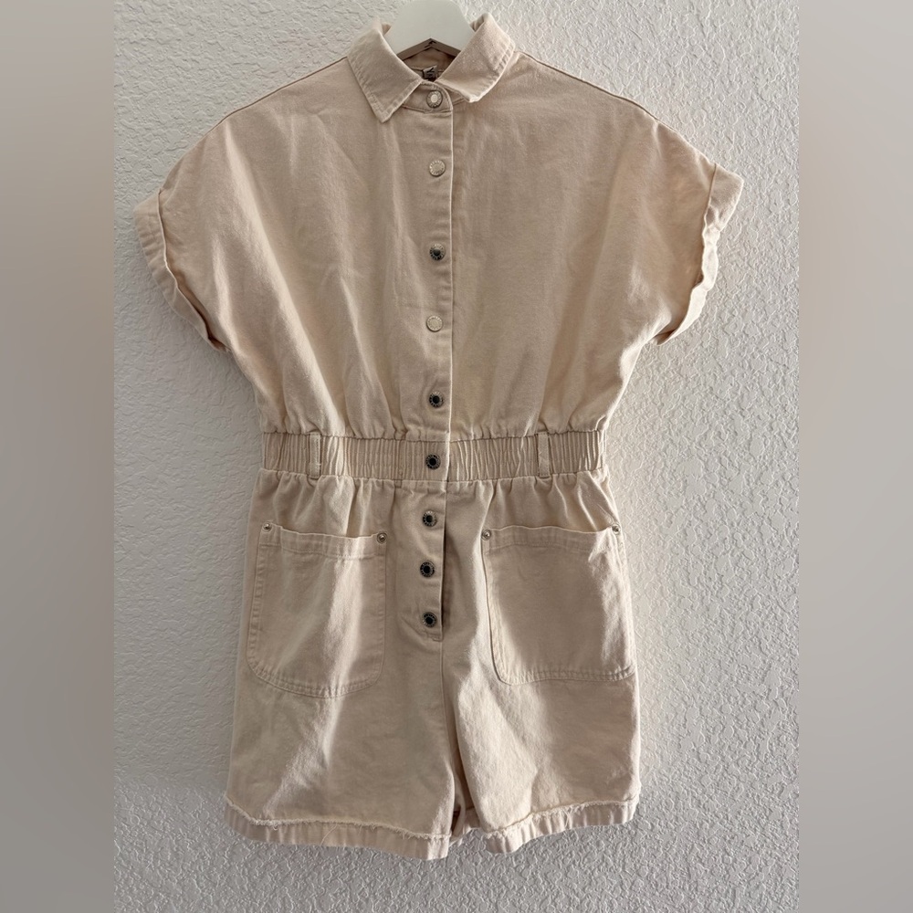 Beige Button-Up Romper | Elastic Waist Utility Chic One-Piece with Front Pockets